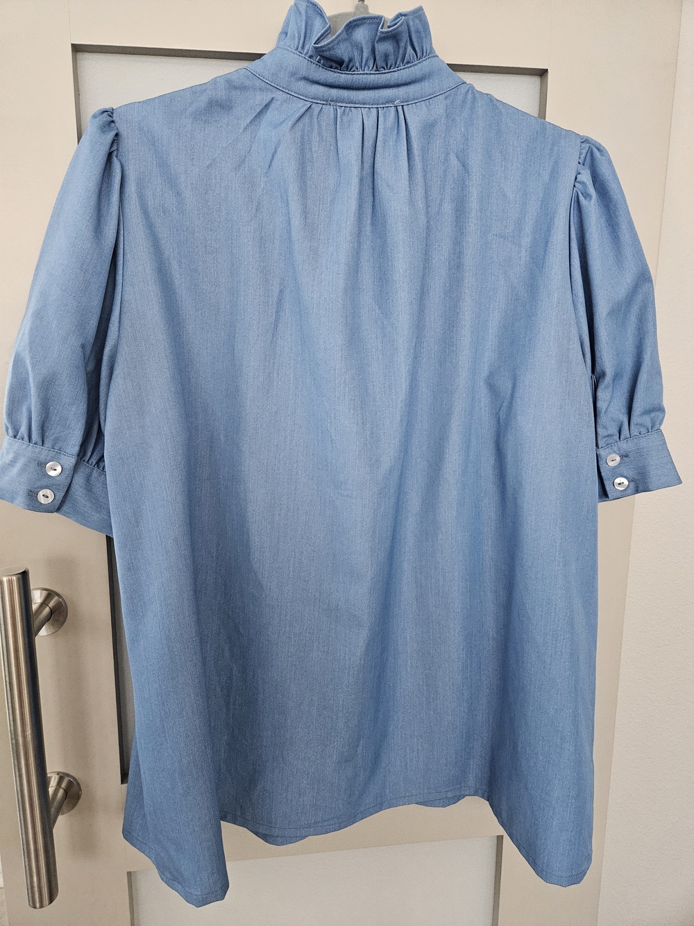 Light Blue Embroidered Ruffle-Neck Button Front Blouse - Picture 7 of 7